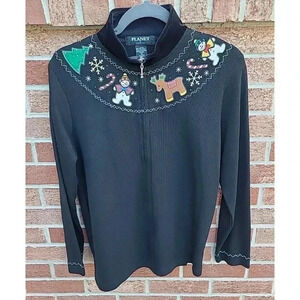 Vintage Planet & Company Christmas Sweater Women's Size Med Full Zip Embroidered